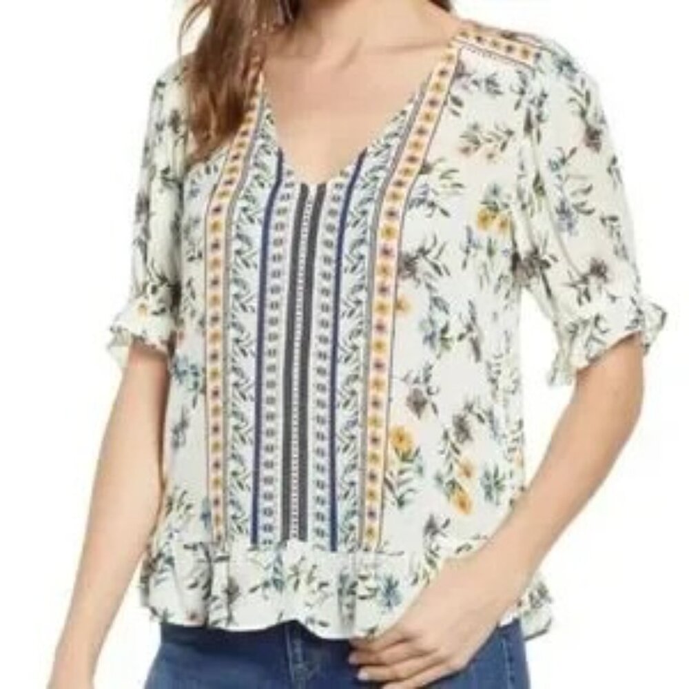 LUCKY BRAND womens SHIRT cream BOHO top BLOUSE floral LIGHTWEIGHT yellow SIZE M - Picture 2 of 10